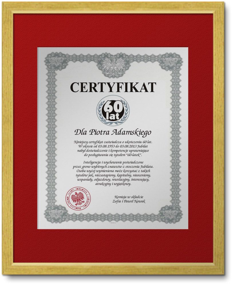 zdjęcie: certyfikat – pamiątka w ramie