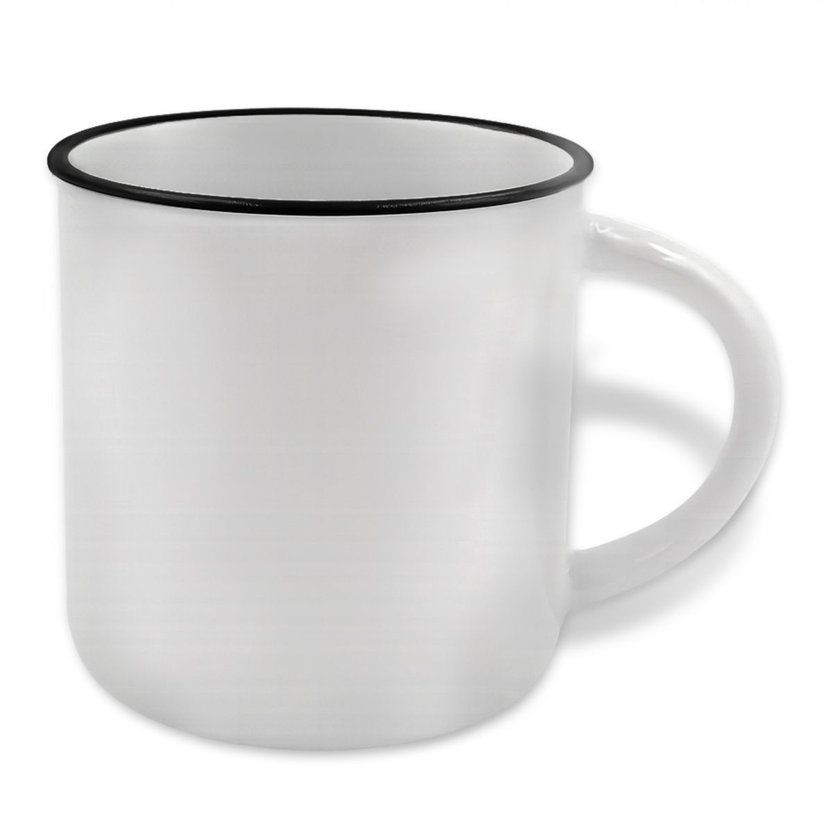 kubek z czarnym rantem i nadrukiem