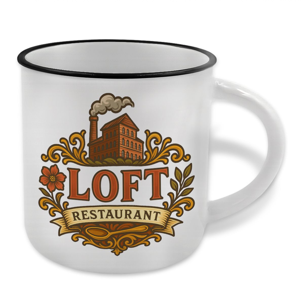 kubek z czarnym rantem i nadrukiem