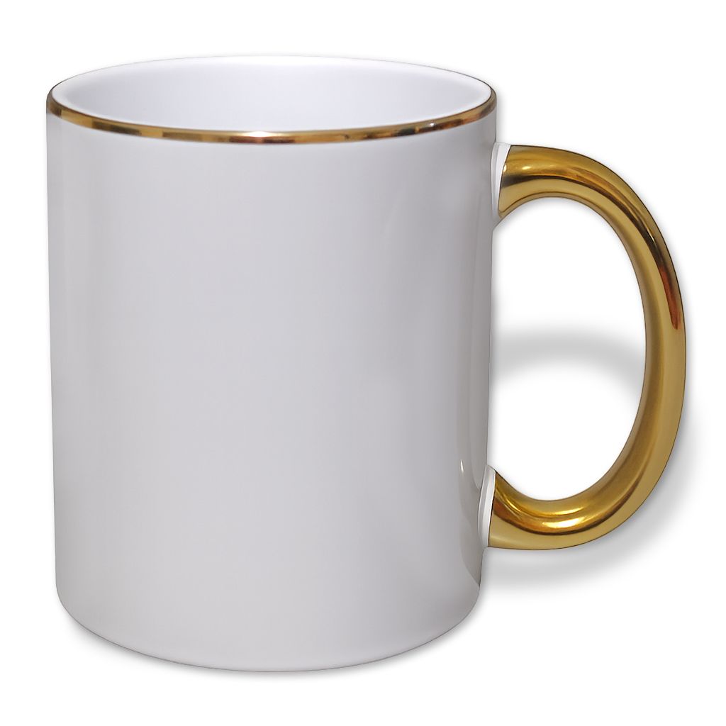 kubek z złotym uchem i nadrukiem