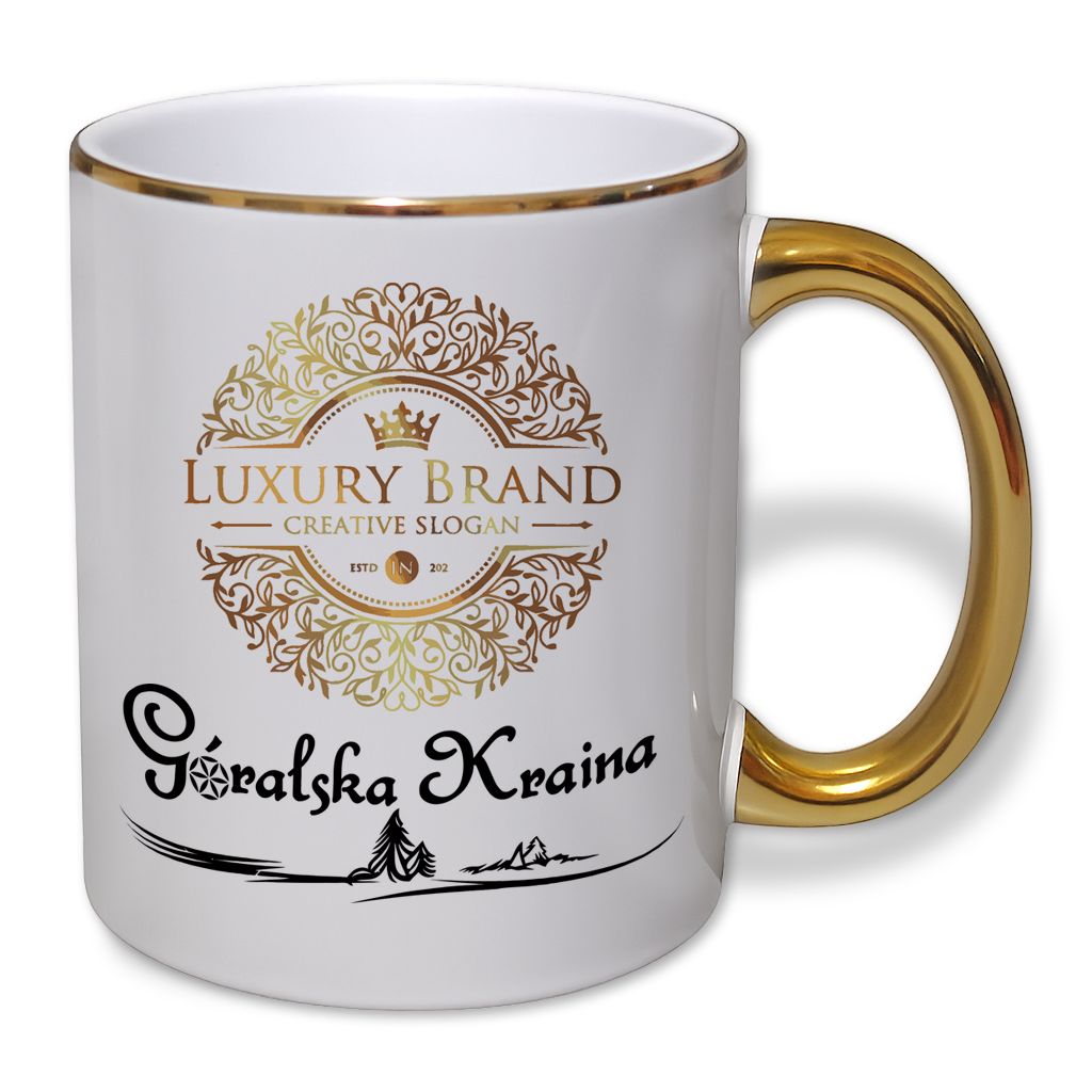 kubek z złotym uchem i nadrukiem