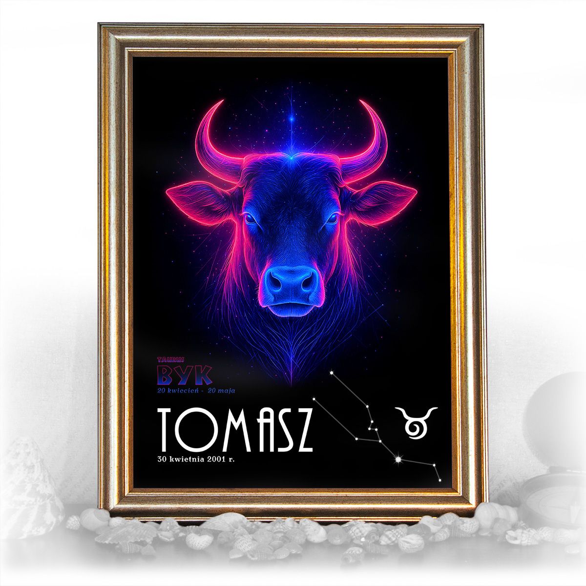 zdjęcie: znak zodiaku - 05 plakat w złotej ramie - neon